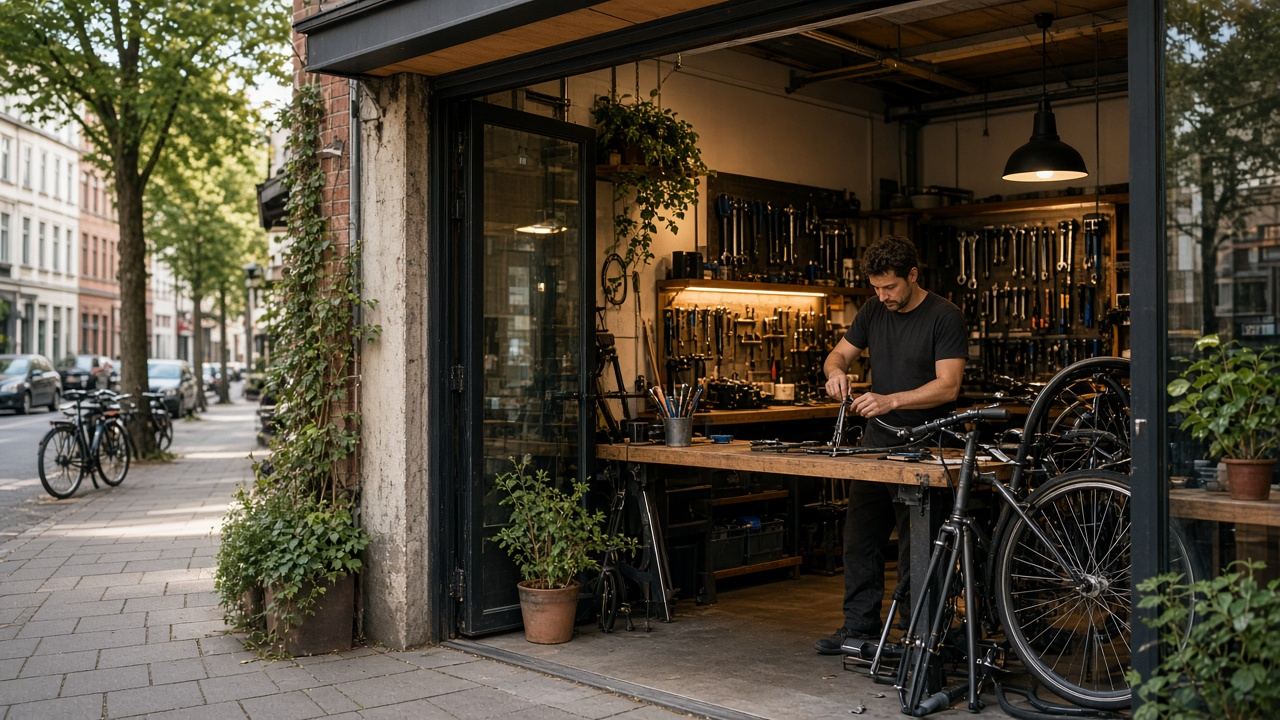 Bike repair shop workspace at Sfrenrinut Atelier